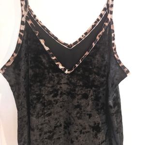 Gorgeous black stretch velvet tank top with leopard trim
